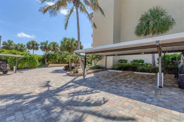 a view of a backyard with plants and a patio