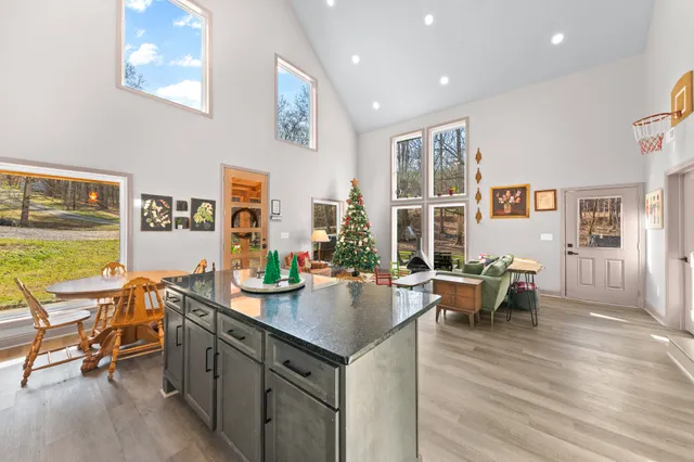 a view of a hallway with wooden floor and door