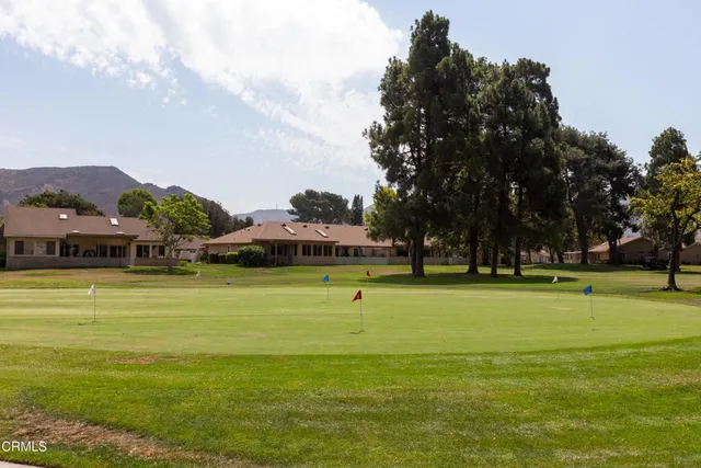 a view of a swimming pool with lawn chairs and large trees