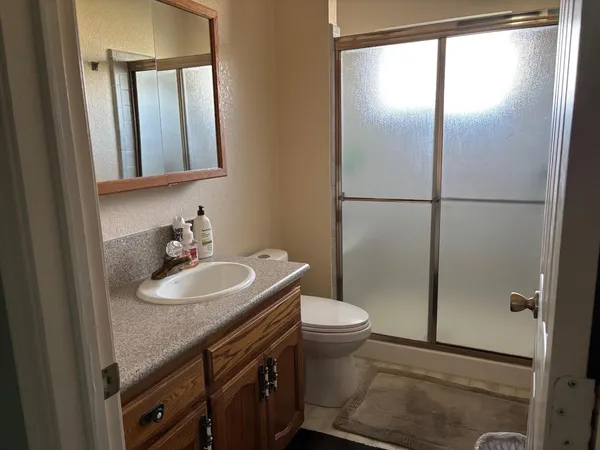 a bathroom with a sink a toilet and shower a mirror