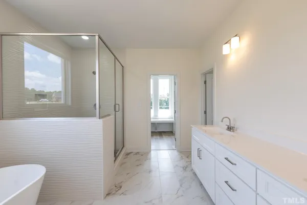 a bathroom with a double vanity sink a toilet and a shower