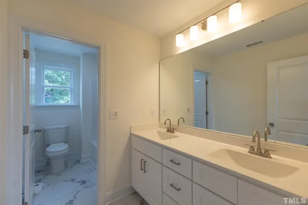 a bathroom with a double vanity sink a toilet and a mirror