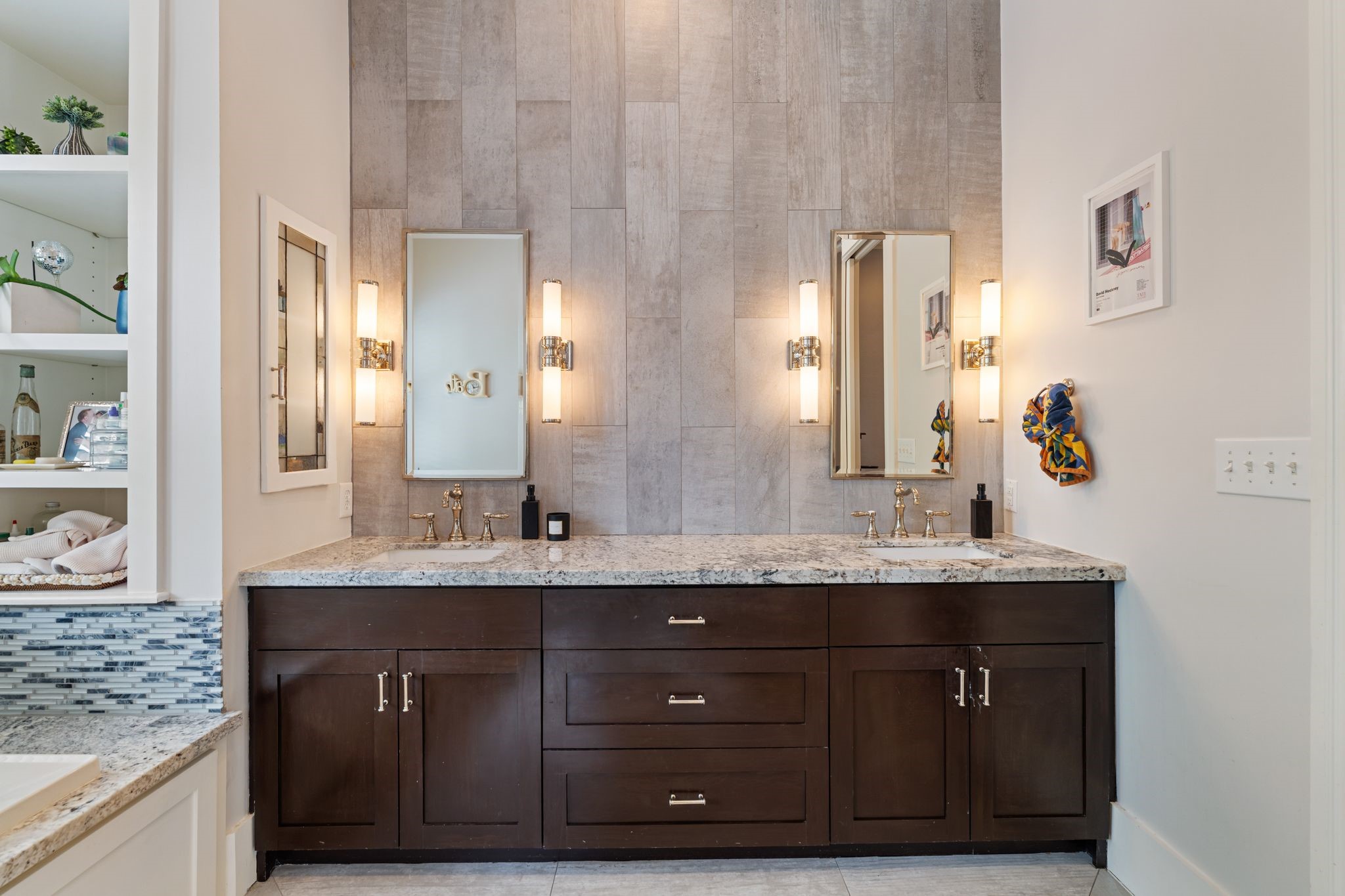 1421 Columbia Street Houston, TX 77008 - Photo 16 of 32 a bathroom with a granite countertop double vanity sink and a mirror