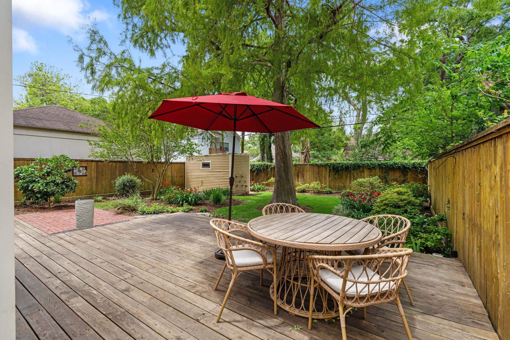 1421 Columbia Street Houston, TX 77008 - Photo 25 of 32 a view of a table and chairs under an umbrella in backyard