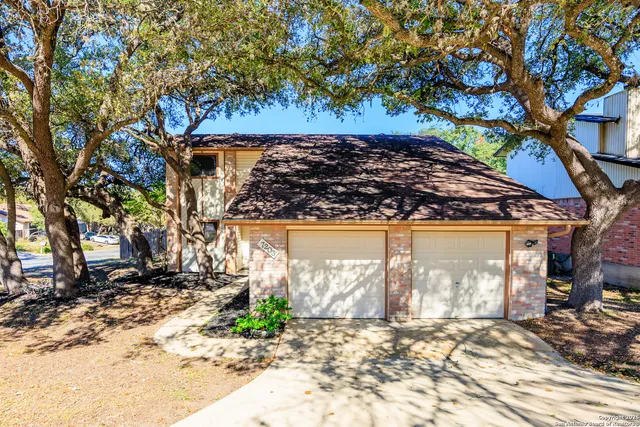 a view of a backyard with a tree