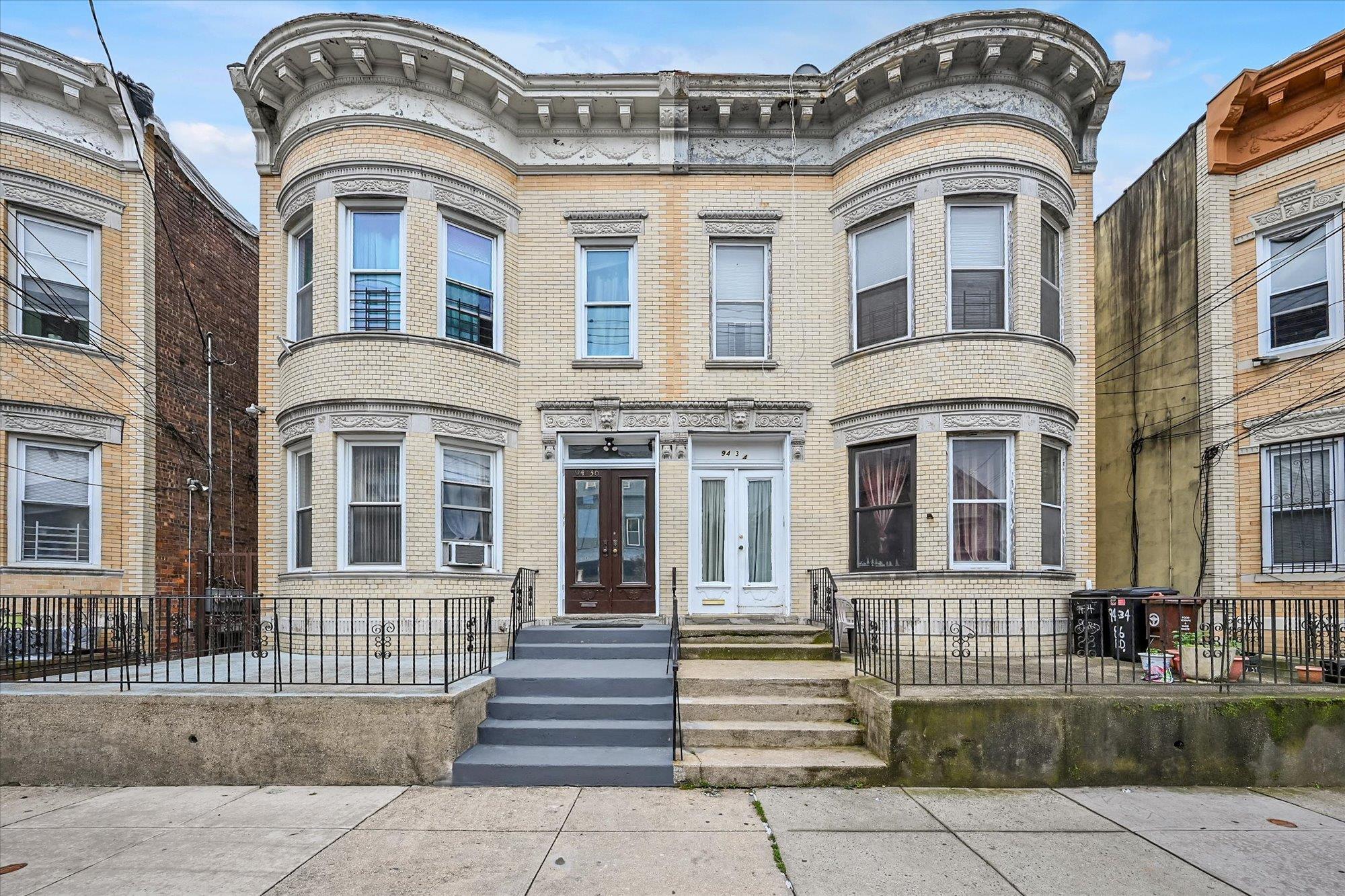 a front view of a brick building
