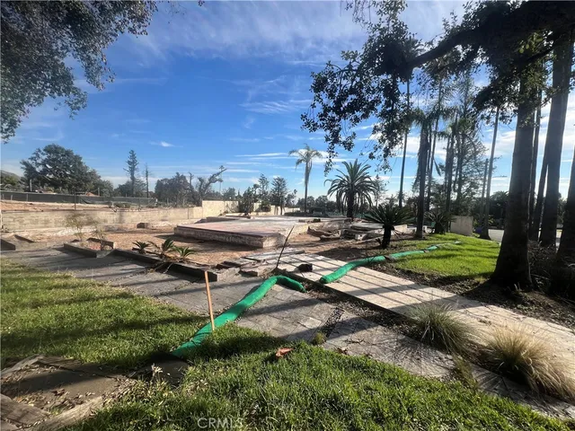 a view of a park with large trees