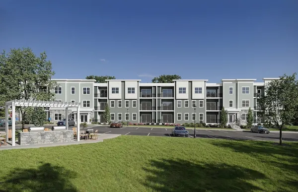 a front view of a building with street view