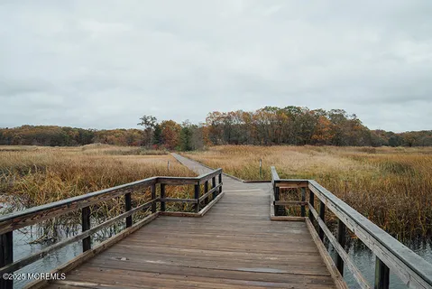 a view of wooden deck and lake with trees in the background