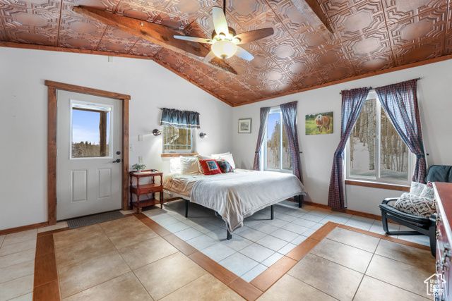 2029 West Tollgate Road Coalville, UT 84017 - Photo 29 of 43 Bedroom with light tile patterned floors, an ornate ceiling, lofted ceiling, and ceiling fan