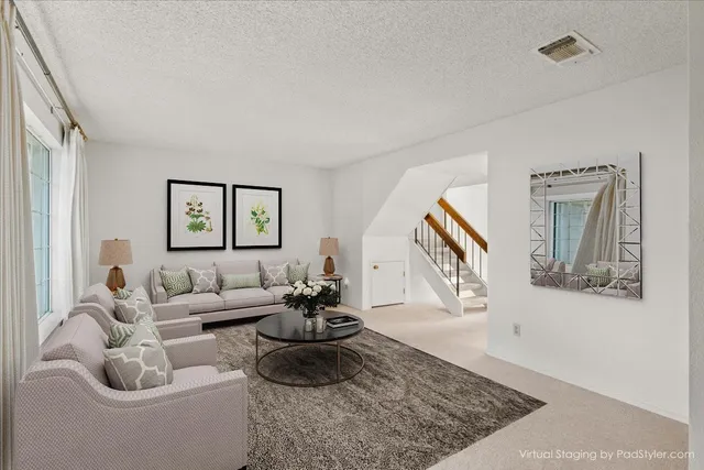 a living room with furniture and a rug