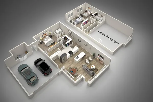 an aerial view of a couch in wooden floor