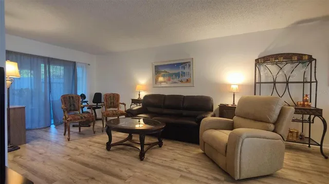 a living room with furniture a rug and a window
