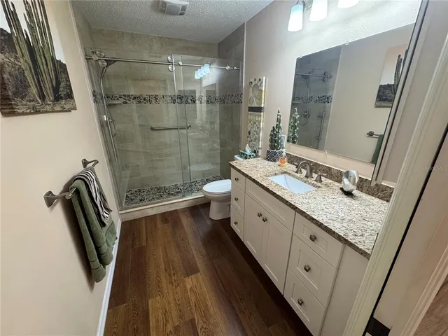 a bathroom with a granite countertop toilet sink and mirror