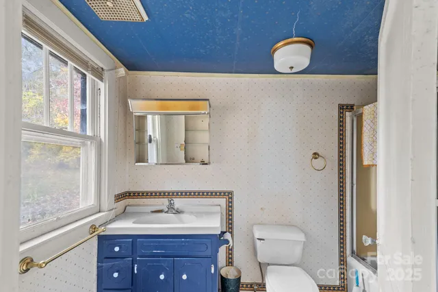 a bathroom with a toilet sink and mirror