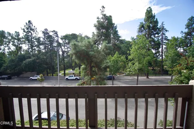 a view of a street with large trees
