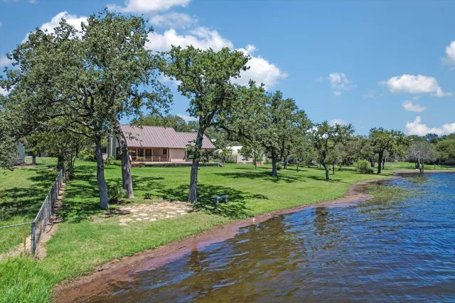 a view of a park with large trees