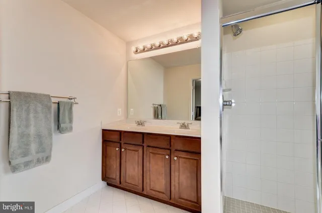 a bathroom with a double vanity sink mirror and shower