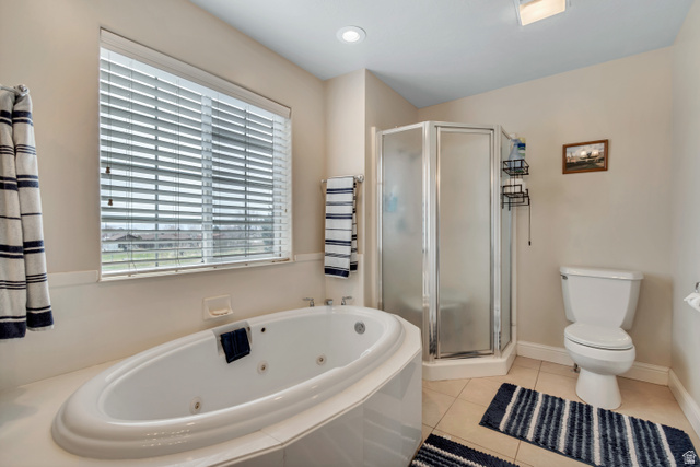 1697 North 500 West Mapleton, UT 84664 - Photo 26 of 50 Bathroom featuring a shower stall, light tile patterned flooring, a jetted tub, and recessed lighting