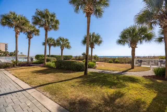 front view of a house with palm trees