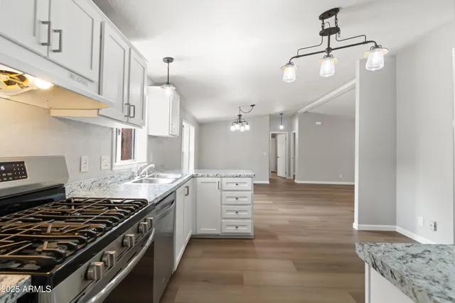 a kitchen with stainless steel appliances granite countertop a stove a sink dishwasher a refrigerator and a oven with wooden floor