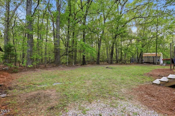 a view of a backyard with large trees