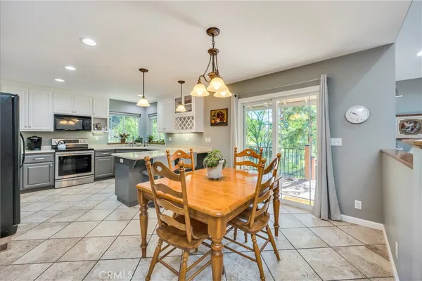 a view of a dining room with furniture window and outside view