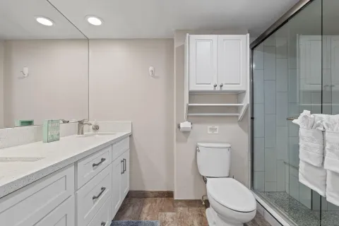 a bathroom with a toilet a sink and glass door