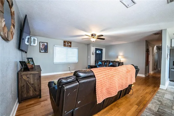a view of a dining room with furniture