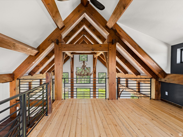 1225 Old Oregon Road Soda Springs, ID 83276 - Photo 35 of 67 Exposed timber-frame construction featuring a vaulted ceiling and natural wood-finish flooring