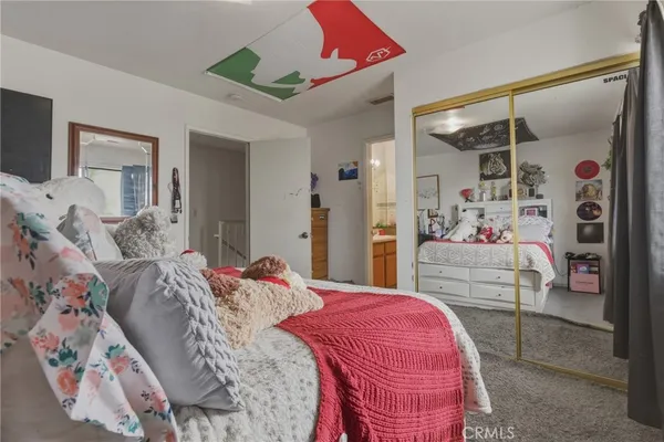 a bedroom with a bed and walk in closet
