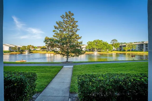 a view of a lake with a big yard