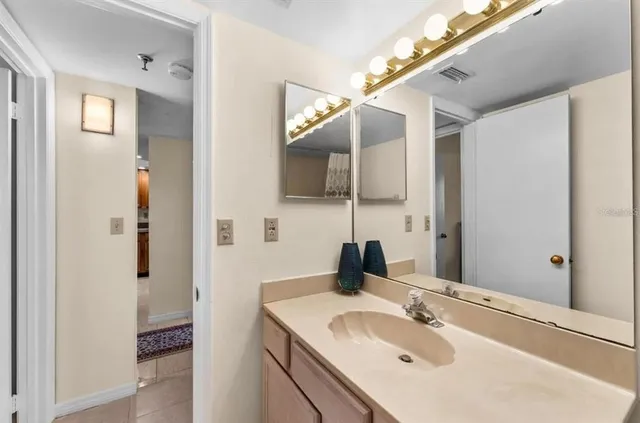a bathroom with a sink and a mirror