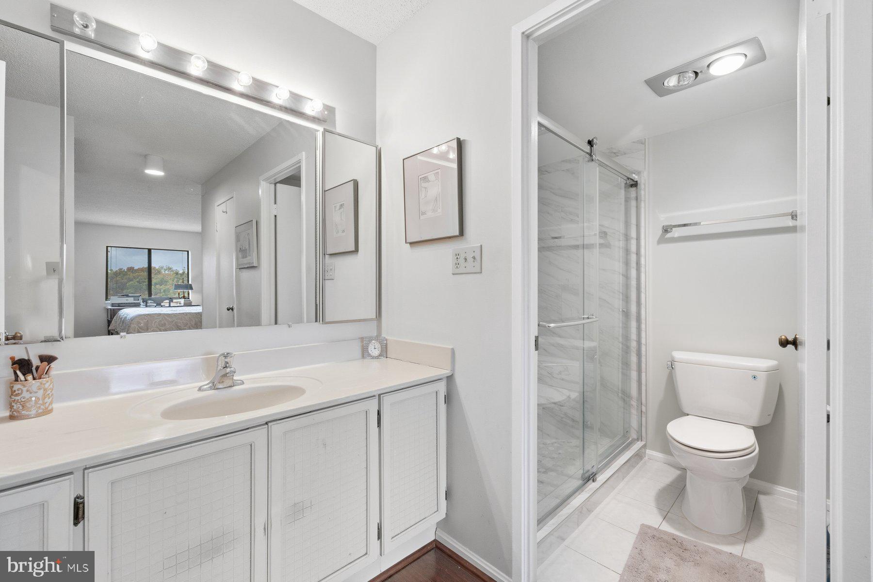 15107 Interlachen Drive, Unit 2822 Silver Spring, MD 20906 - Photo 26 of 35 a bathroom with a sink toilet a mirror and shower