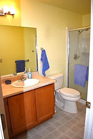 a bathroom with a sink mirror vanity and toilet