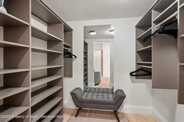 a view of walk in closet with clothes and shoes