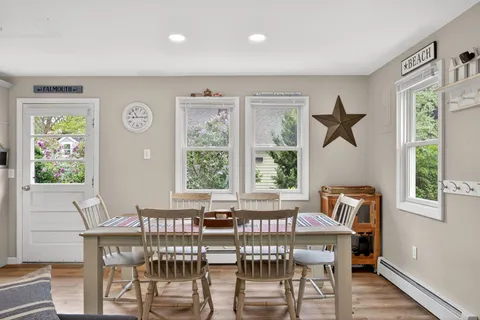 a view of a dining room with furniture window and outside view