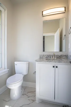 a bathroom with a granite countertop toilet sink and mirror