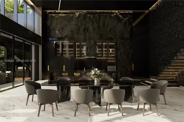 a living room with furniture and a floor to ceiling window