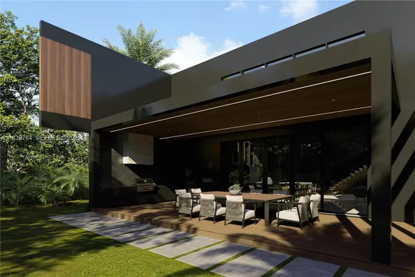 a swimming pool with outdoor seating and yard