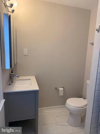 a bathroom with a sink a toilet and mirror