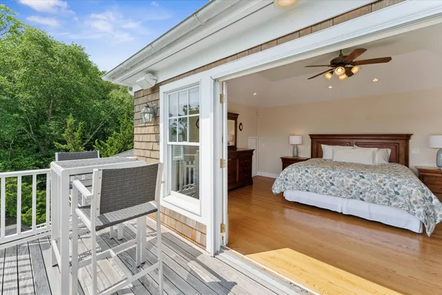 a bedroom with a bed and a view of balcony