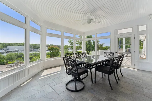 a view of a dining room with furniture window and outside view