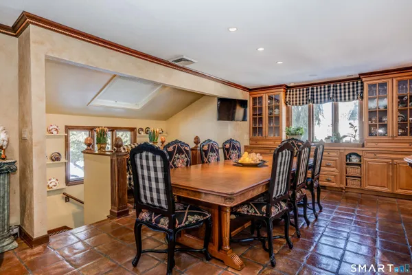a view of a dining room with furniture
