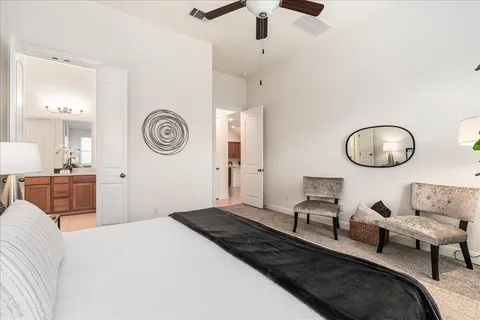 a spacious bedroom with a bed a mirror and a potted plant