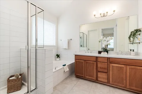a bathroom with a double vanity sink mirror and shower