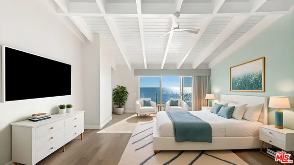 a view of balcony with wooden floor