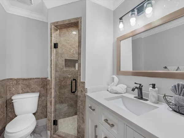 a bathroom with a granite countertop sink a toilet and shower