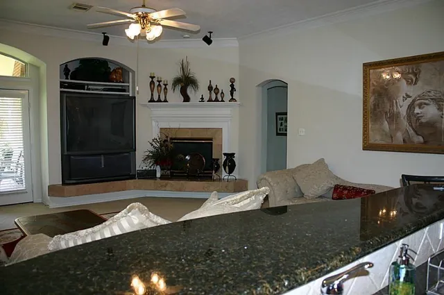 a living room with furniture and a fireplace