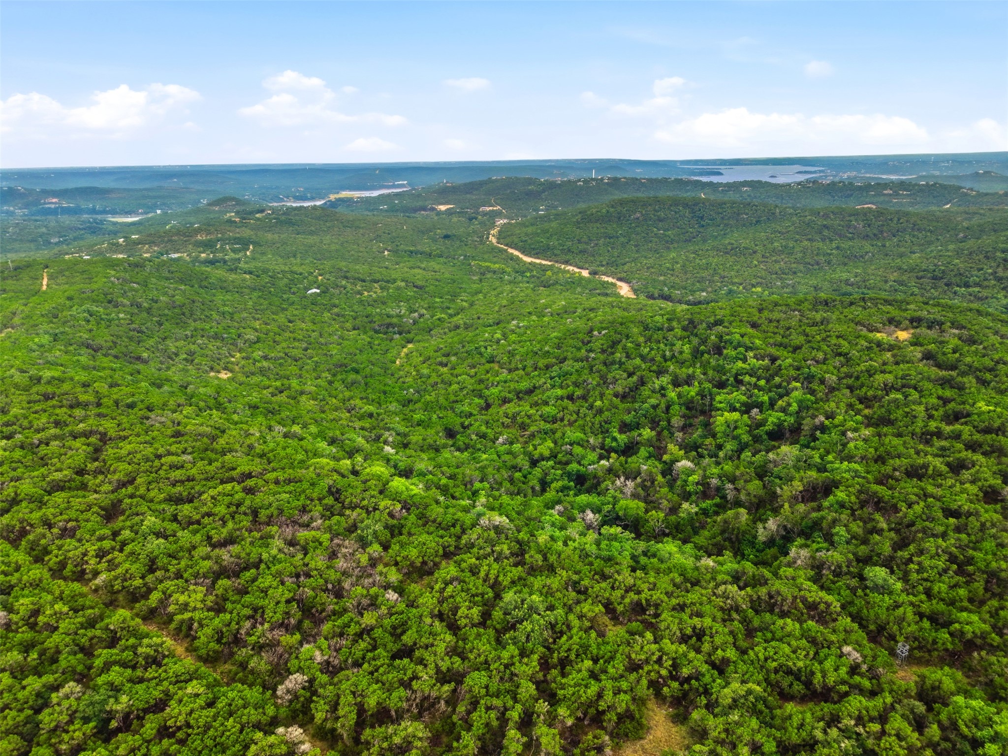 Tbd Vance Circle Road Leander, TX 78645 - Photo 24 of 33 Rolling green hills and dense woodlands stretch toward a distant water view under blue skies.